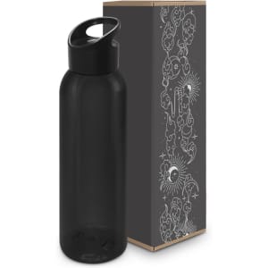 A drink bottle in matte black with a flip-top lid, accompanied by a decorative box with intricate designs.