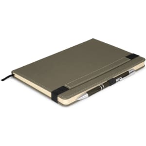 A Premier Notebook with Pen, featuring a sleek design, elastic band closure, and a pen secured alongside the notebook.