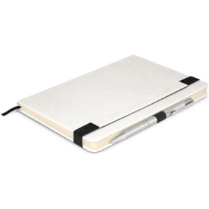 A white notebook with a pen attached, featuring an elastic band closure. The notebook has a smooth finish.