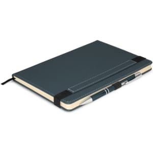 A dark green notebook with a pen attached, featuring a strap closure and cream-coloured pages.