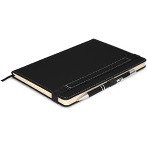 A black notebook with a pen attached, featuring a sleek design and elastic closure.