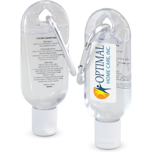 A clear 30ml hand sanitiser container with a carabiner clip, featuring a logo and white cap.