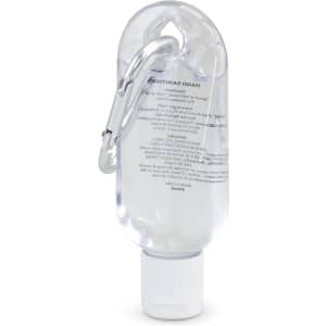 A clear hand sanitiser bottle with a white cap and a carabiner attached, containing 30ml of liquid.