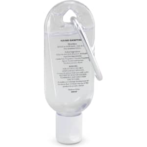 A clear 30ml hand sanitiser bottle with a carabiner attached. The bottle features a white flip-top cap.