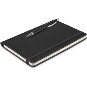 A black notebook with a pen resting on top, featuring a textured cover and an elastic band.