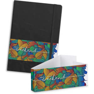 A black notebook with an elastic band featuring a colourful decorative band. Includes a matching pen.