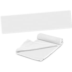 A white cooling towel rolled and unfolded, featuring a textured surface, with a pouch included in the image.