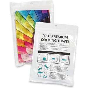 A full-colour Yeti premium cooling towel in a pouch, featuring a vibrant, multicoloured design. The pouch has a logo.