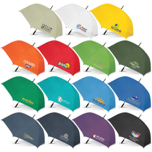 A collection of umbrellas in various colours, featuring different logos and branding on each.