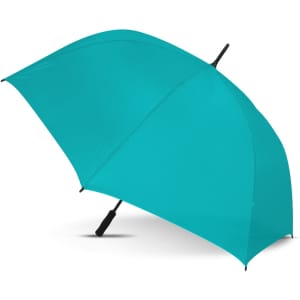 A teal sports umbrella with a black handle and a curved top for enhanced coverage. It features a branding logo.