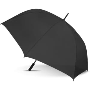 A black sports umbrella with a curved canopy and a sturdy handle. It features a branding logo.