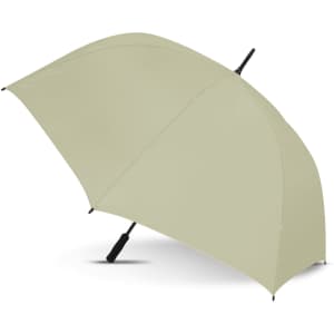 A large umbrella in a light beige color with a sturdy black handle and support frame.