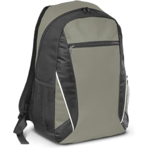 A backpack in a green and black color scheme with a zippered front pocket and mesh side pockets.