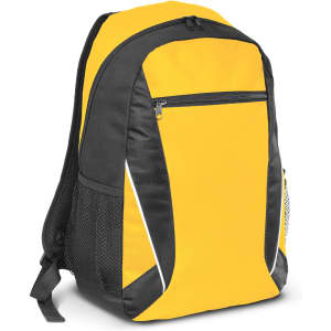 A yellow and black backpack featuring a front zippered pocket and side mesh pocket.