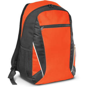 An orange and black backpack with a front zip pocket and side mesh pockets, featuring a logo.