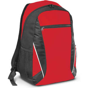A red and black Navara Backpack featuring zippered compartments and side mesh pockets.