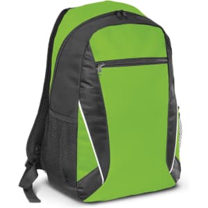 A vibrant green backpack with black accents and a front zip pocket, featuring side mesh pockets for additional storage.