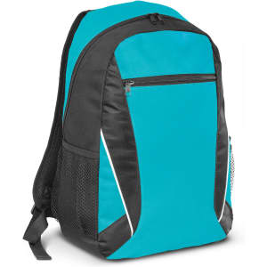 A turquoise and black backpack featuring a front zip pocket and side mesh pockets, also has a logo.