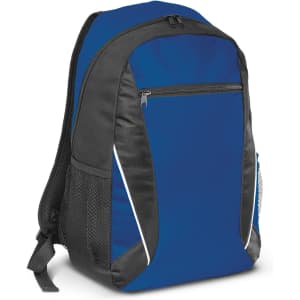 A blue and black backpack with a front zip pocket and side mesh pockets, featuring a logo.
