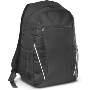A black backpack with a front zip pocket and mesh side pockets, featuring subtle white accents and a logo.