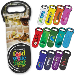 A neoprene wine cooler bag in various colours, featuring multiple designs and a central logo.