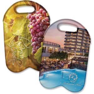 A neoprene wine cooler bag featuring full-colour images of grapes and a hotel pool scene. Includes a logo.