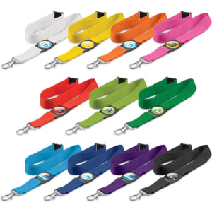 A collection of lanyards in various colours, each featuring a clip and a logo attachment.