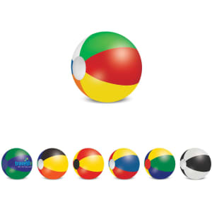 A 21cm beach ball featuring vibrant colours of red, yellow, green, and blue, with a logo visible.