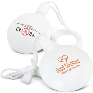 A round white bubble kit with a cord, featuring a logo on one side.