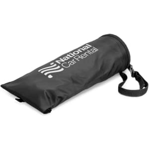 A black storage bag with a strap and a logo, designed for keeping items tidy in a car.