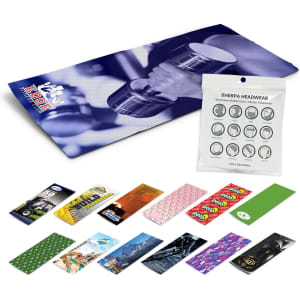 A range of colourful Sherpa Headwear products displayed, including various patterns and a packaging insert.