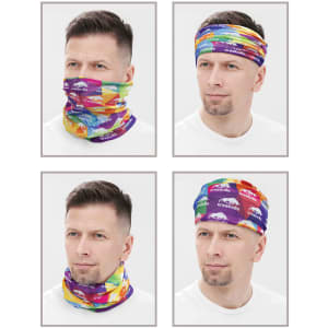 A collection of four images featuring a multi-functional headwear in vibrant colours and patterns, including purple, green, and orange.