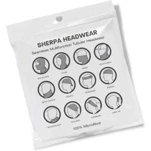 A pack of multifunctional headwear in various styles, featuring a white bag with illustrations and a logo.