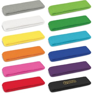 A collection of head sweat bands in various colours, including white, green, yellow, orange, pink, blue, purple, and red.