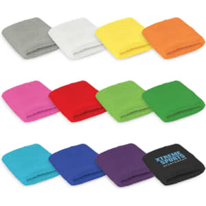 A collection of wrist sweat bands in various colours, including grey, white, yellow, orange, pink, red, green, blue, and purple, with one featuring a logo.