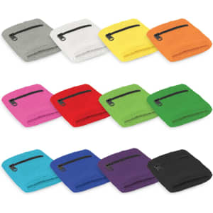 A selection of wrist sweat bands in various colours, each featuring a small zippered pocket and a logo.
