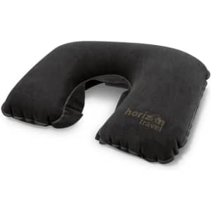 A black comfort neck pillow with a U-shape design and a logo, featuring a soft fabric surface.