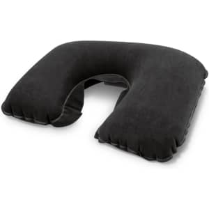 A black, U-shaped neck pillow with a soft, plush texture and a logo in one corner.