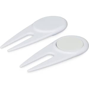 A white golf divot repairer with a built-in marker, featuring a sleek, functional design.