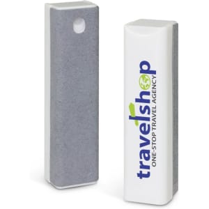 A grey and white cleaning cloth with a logo, designed for cleaning screens and technology devices.