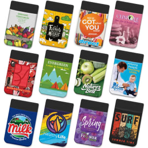 A collection of colourful Lycra phone wallets featuring various designs and logos on a black background.