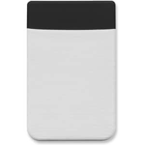 A Lycra phone wallet in white with a black top section, featuring a logo.