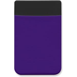 A purple Lycra phone wallet with a black top, featuring a logo at the front.