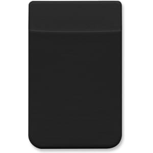 A black Lycra phone wallet with a sleek design featuring a pocket for cards. Includes a branding logo.