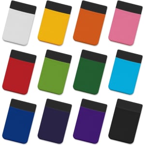 A collection of Lycra phone wallets in various colours including white, yellow, orange, pink, red, green, and black, featuring a logo.