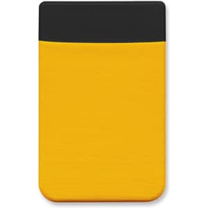 A Lycra phone wallet in bright yellow with a black top, featuring a logo.
