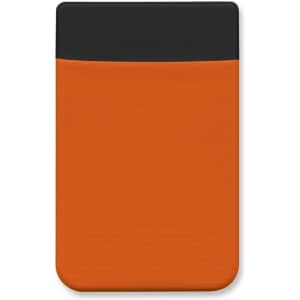 An orange Lycra phone wallet with a black top section, featuring a logo.