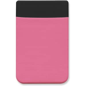 A pink Lycra phone wallet with a black top section, featuring a logo on the front.