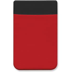 A red Lycra phone wallet with a black top section. It features a logo on the surface.