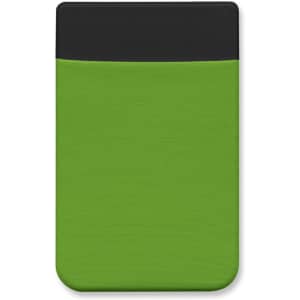 A green Lycra phone wallet with a black top section and a simple, sleek design, featuring a branding logo.